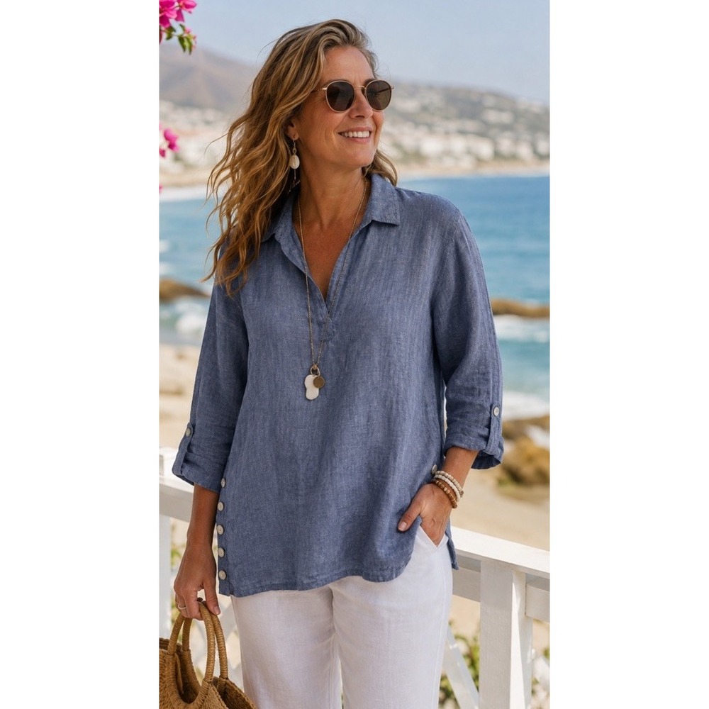 Antibes Blanc 100% Linen Tunic Top Sz 1X Chambray Relaxed Lagenlook Coastal